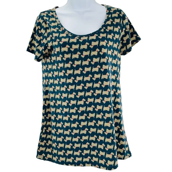 LULAROE Scottie Dog Short Sleeve Scoop Neck Hi-Lo Hem Knit Stretch Top XXS - Picture 1 of 11